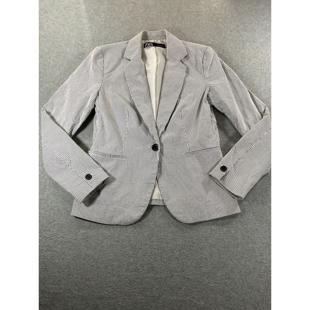 Zara‎ Womens Navy White Striped Single Button Blazer Jacket Size 6 #913